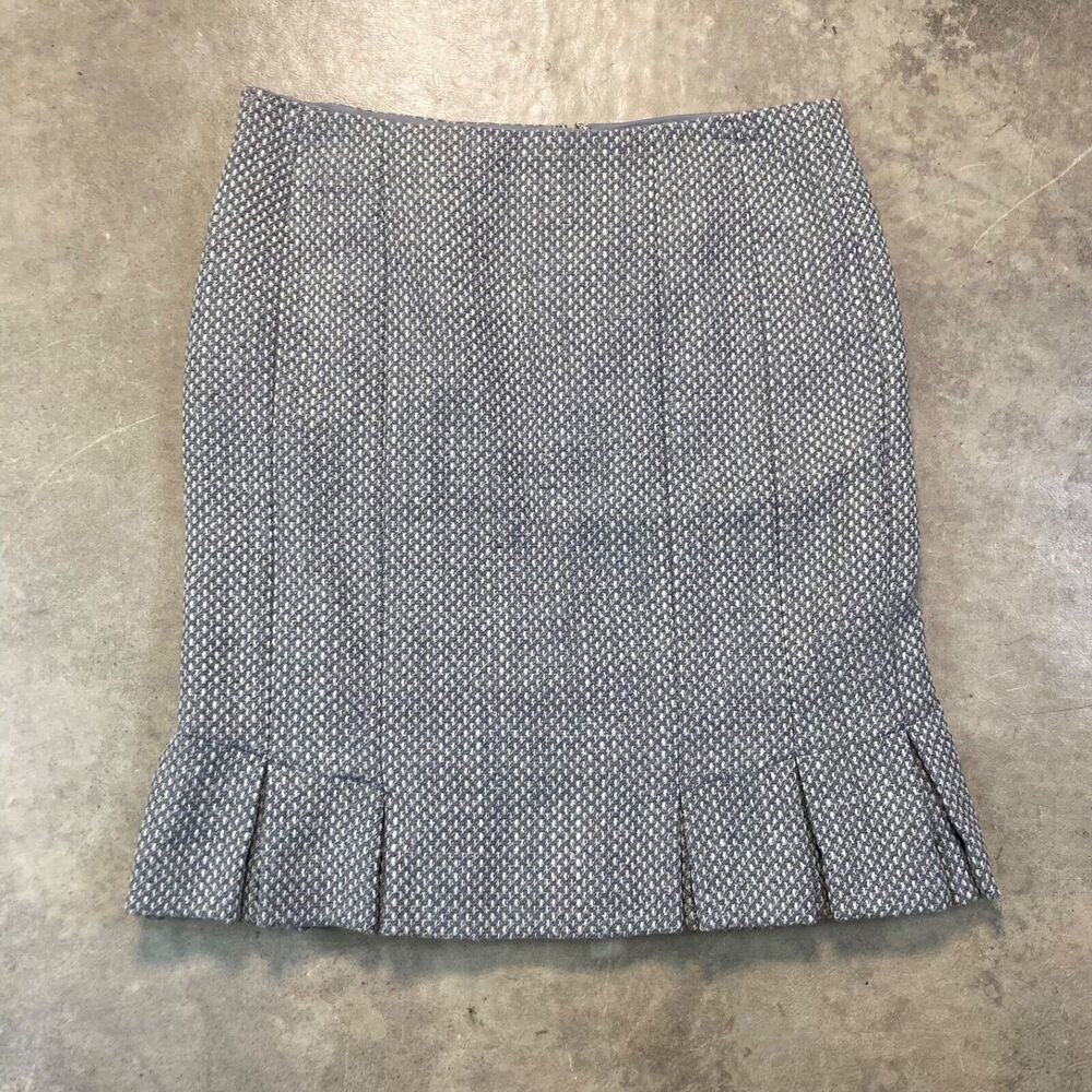 TALBOTS Skirt Sz 14P Wool Blend Birds‎ Eye Check Fishtail Hem Y2K Gray Beige